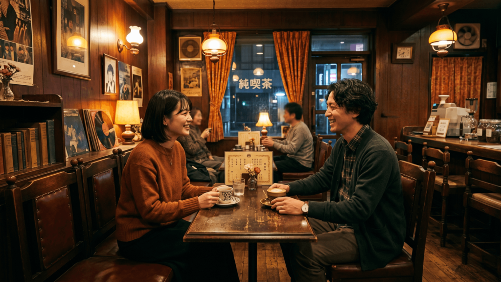 レトロな喫茶店の店内で向かい合って座る男女。木目調・暖色照明・横長