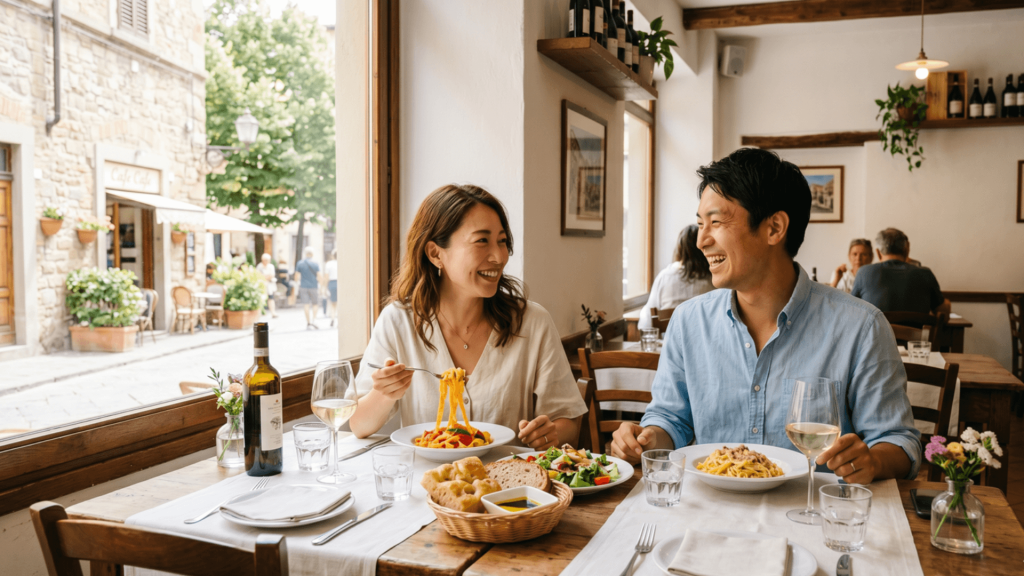 明るいカジュアルなイタリアンレストランの窓際テーブルで昼食をとる男女。白い壁・自然光・横長
