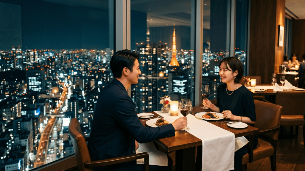 高層ビルの窓際テーブルから見える都市の夜景と、向かい合ってディナーをとる男女。夜・横長