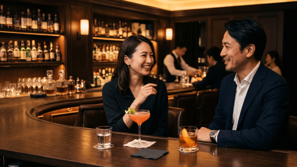 落ち着いた大人のバーのカウンターでカクテルを前に座る男女。暗めの間接照明・夜・横長