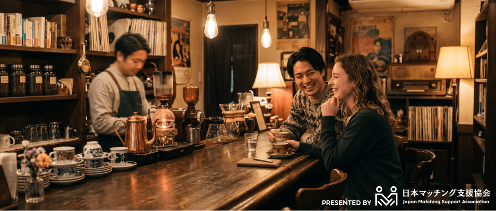 レトロな喫茶店のカウンター席でコーヒーを飲みながら談笑する男女。木のカウンター・サイフォンとコーヒーカップ・暖色の間接照明