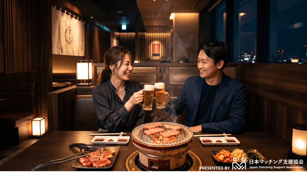 落ち着いた焼肉店の半個室風の席で乾杯する男女。網の上の肉と暖色の間接照明・夜の高級感