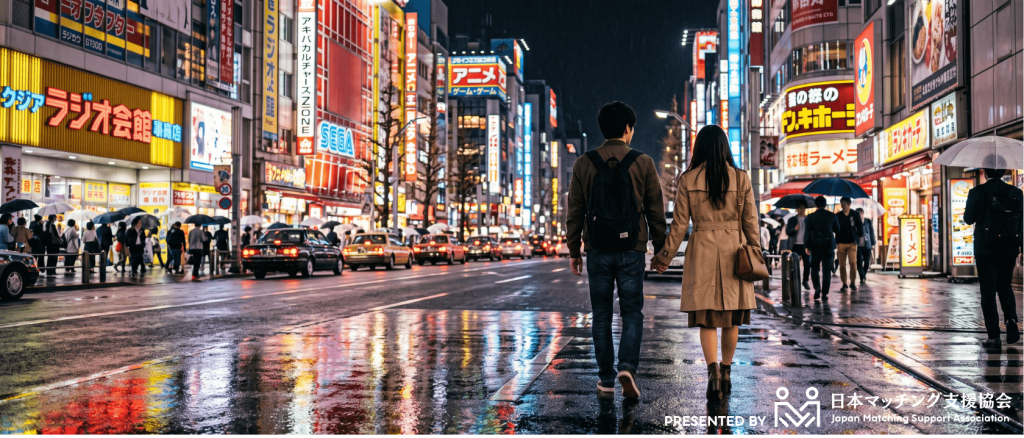 夜のネオン看板が並ぶ大通りを歩く男女の後ろ姿。濡れた路面に光が反射する・ビルの明かり